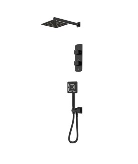 Combo of Aquamax Thermostatic Shower Mixer with 2-way diverter , Shower Arm, Overhead Shower, Hand Shower, Shower Hose & Wall Outlet - Black Matt